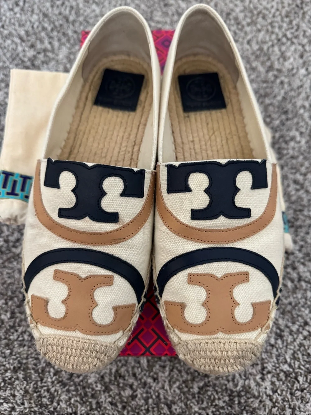 Tory Burch Cream Canvas Espadrilles with Tan and Black Logo